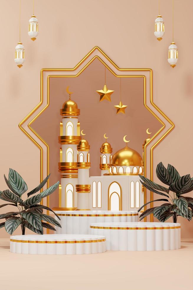 Imagen de representación 3d de fondo de saludo de tema de ramadán y eid fitr adha mubarak con objetos de decoración islámica foto