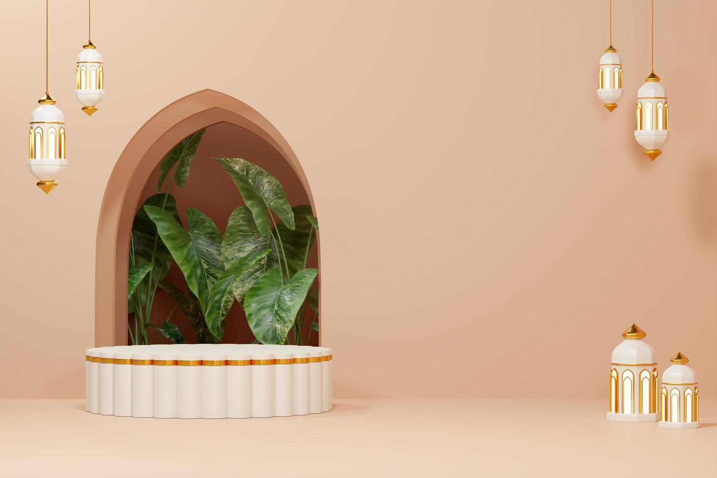 3d rendering image of ramadan and eid fitr adha mubarak theme greeting background with islamic decoration objects photo
