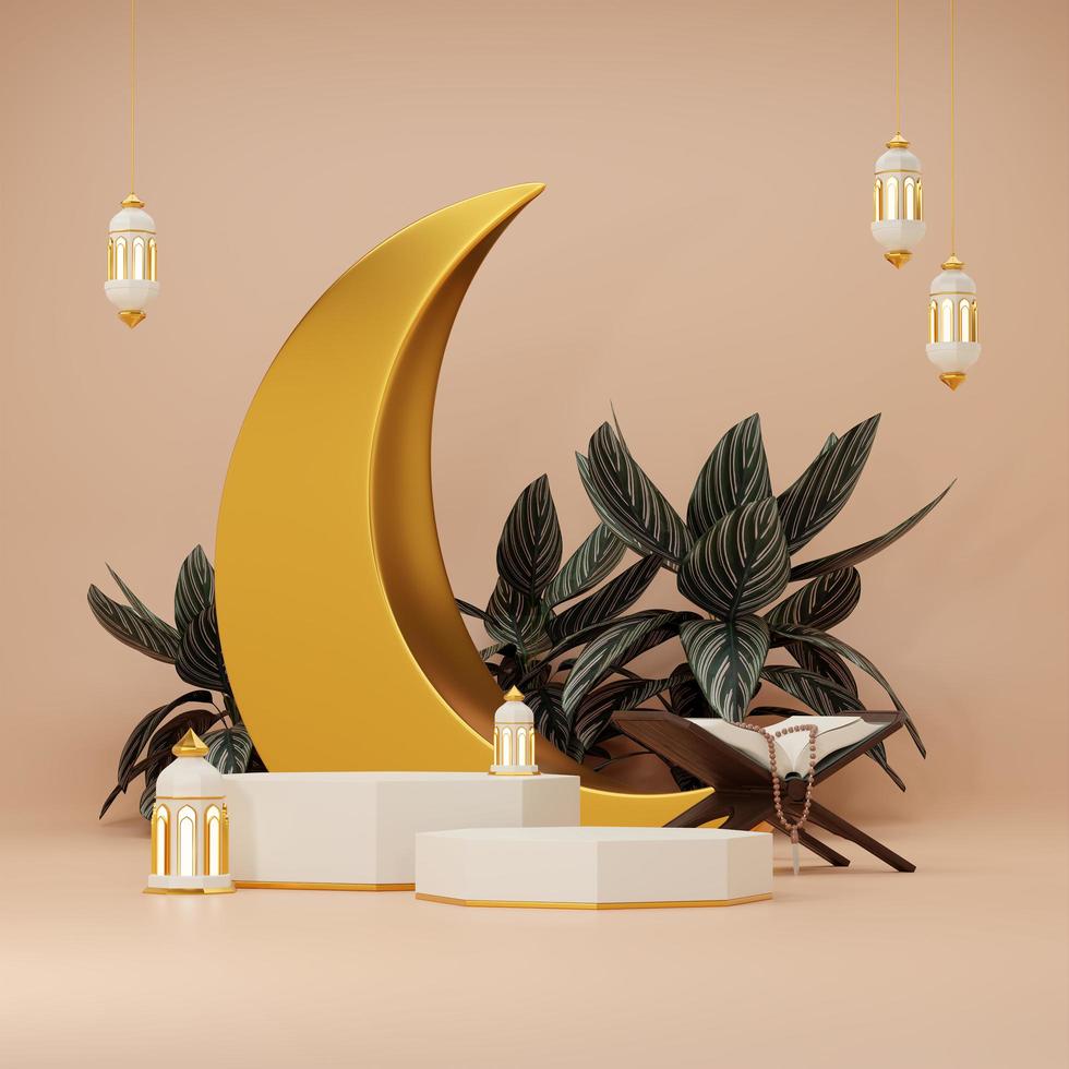 3d rendering image of ramadan and eid fitr adha mubarak theme greeting background with islamic decoration objects photo