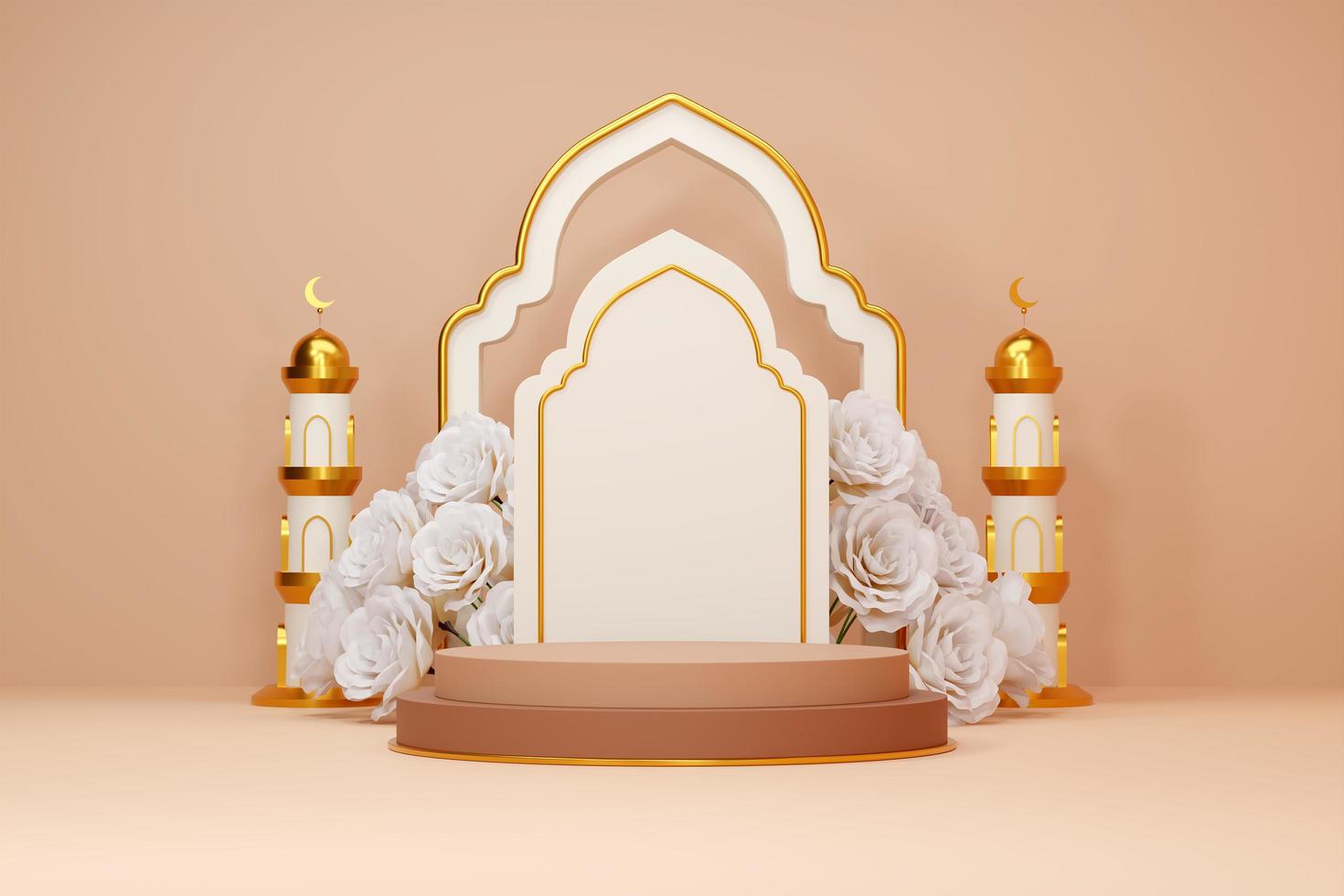 3d rendering image of ramadan and eid fitr adha mubarak theme greeting background with islamic decoration objects photo