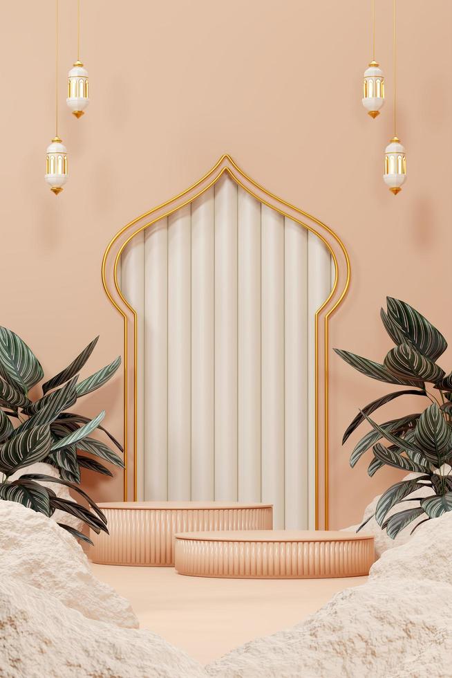 3d rendering image of ramadan and eid fitr adha mubarak theme greeting background with islamic decoration objects photo