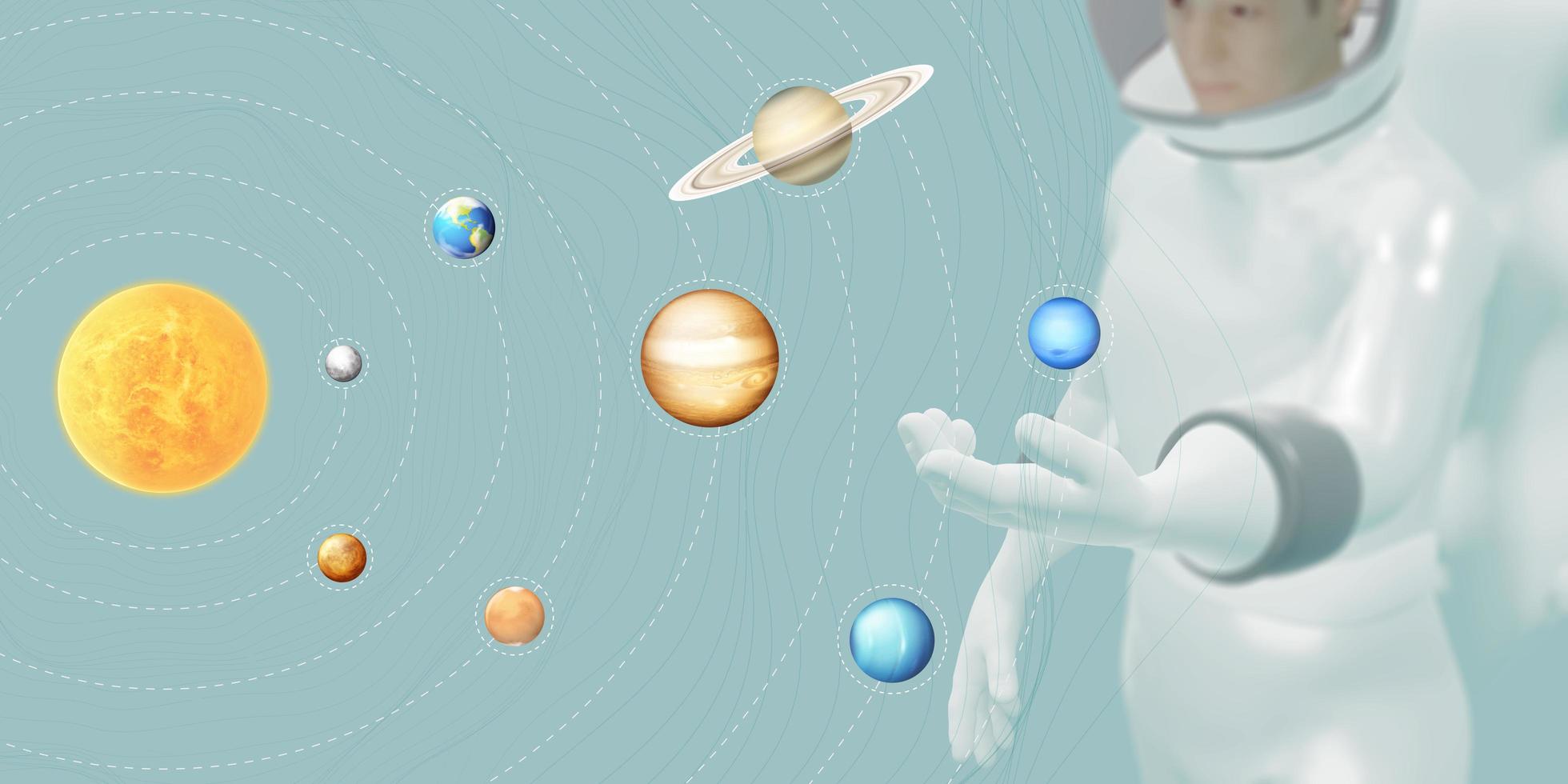 astronauts and solar system planets and stars 3d illustration of photo