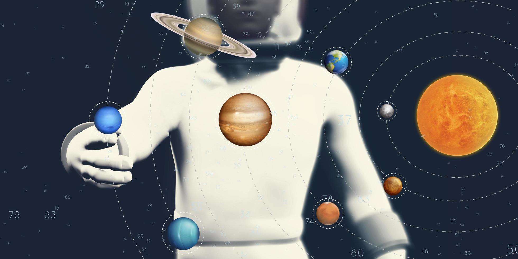 astronauts and solar system planets and stars 3d illustration of photo