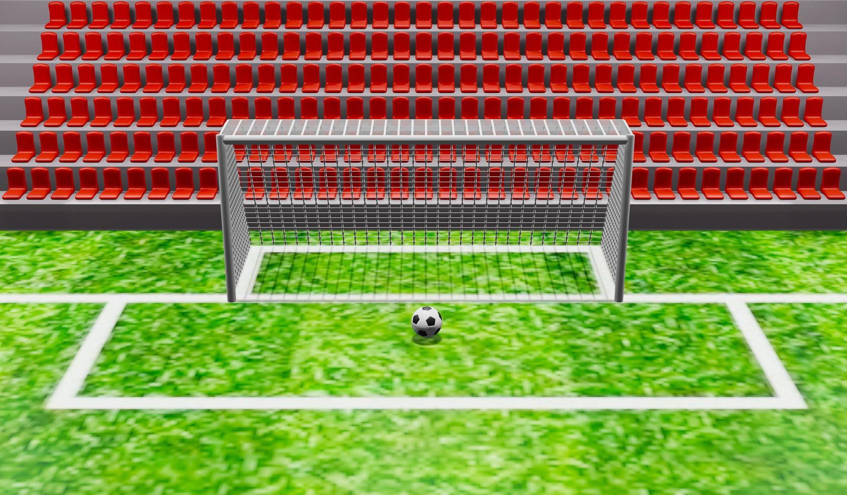 3d render ilustración fútbol frente a la portería y asiento en el fondo del estadio foto