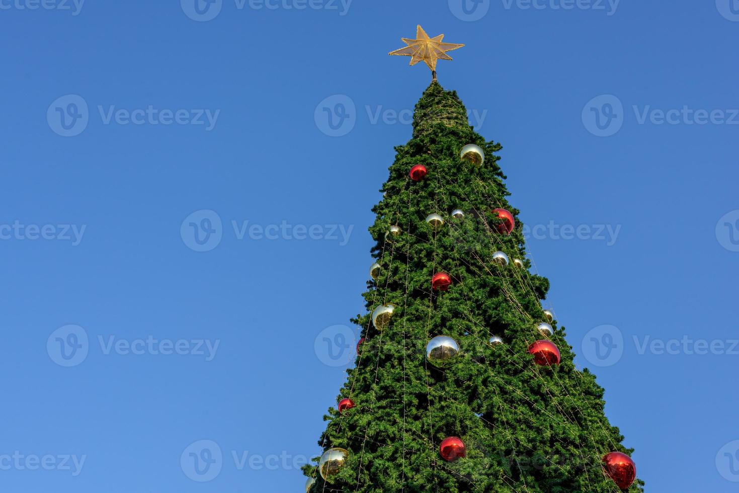 christmas tree blue sky background photo