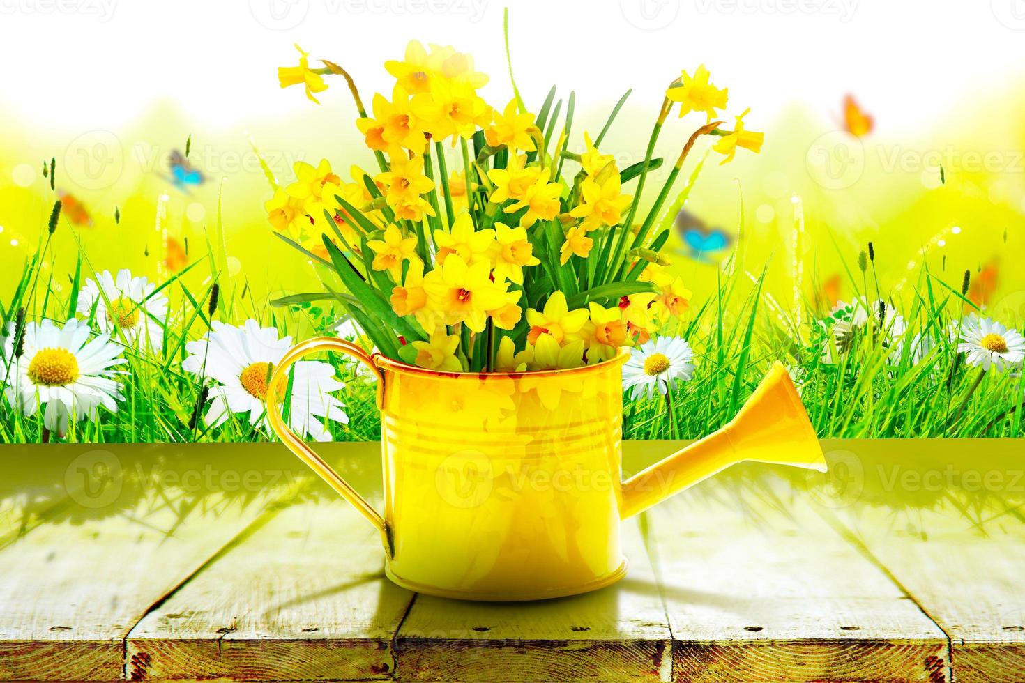 Colorful wild flower bouquet in a watering can with butterflies. photo