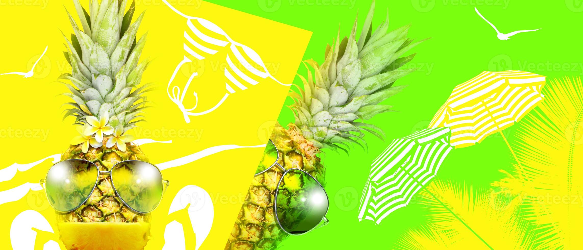 Creative pineapple with sunglasses on summer background. photo