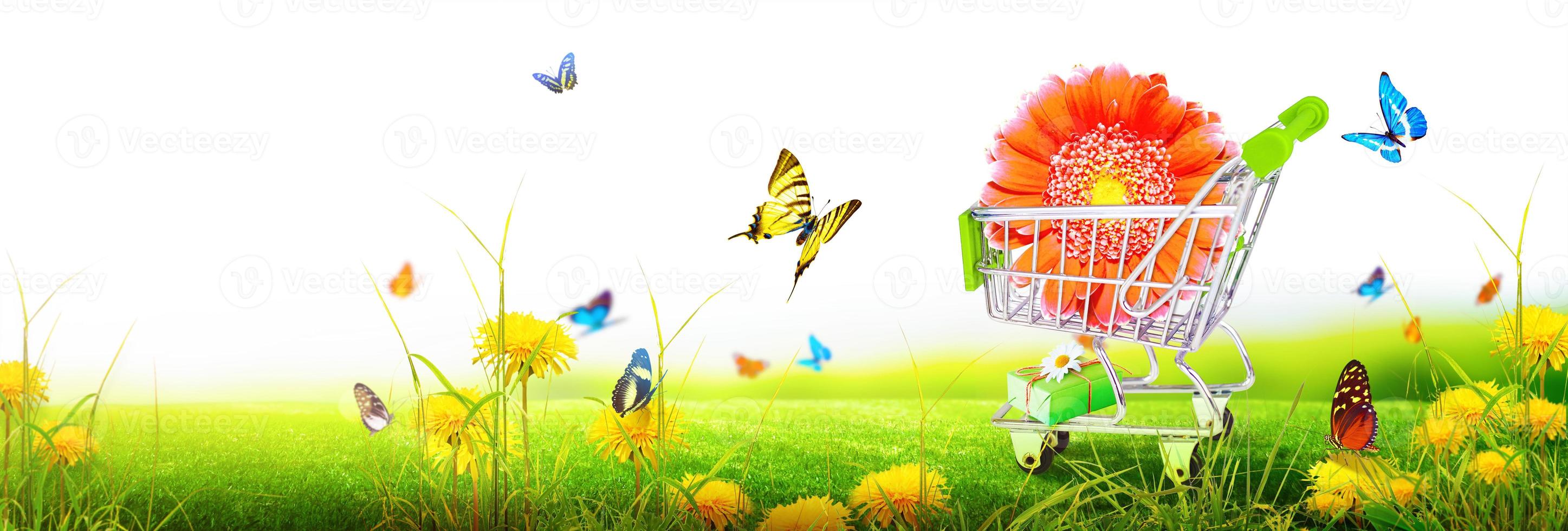 Mini shopping cart with colorful flowers and butterflies. photo