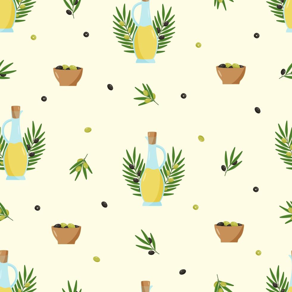 aceitunas de patrones sin fisuras, aceite de oliva y ramas con hojas y bayas. ilustración vectorial vector