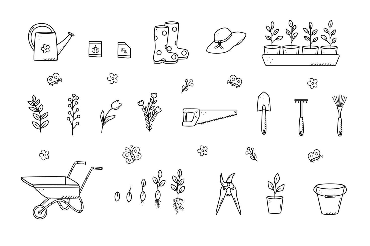 Garden tools and plants, a set of vector doodle illustrations. Concept gardening, a summer hobby.