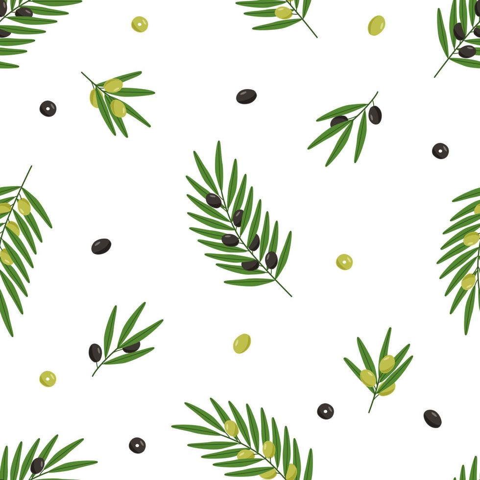 Seamless pattern of olive tree twigs and leaves and olive berries. Vector illustration, background or wallpaper