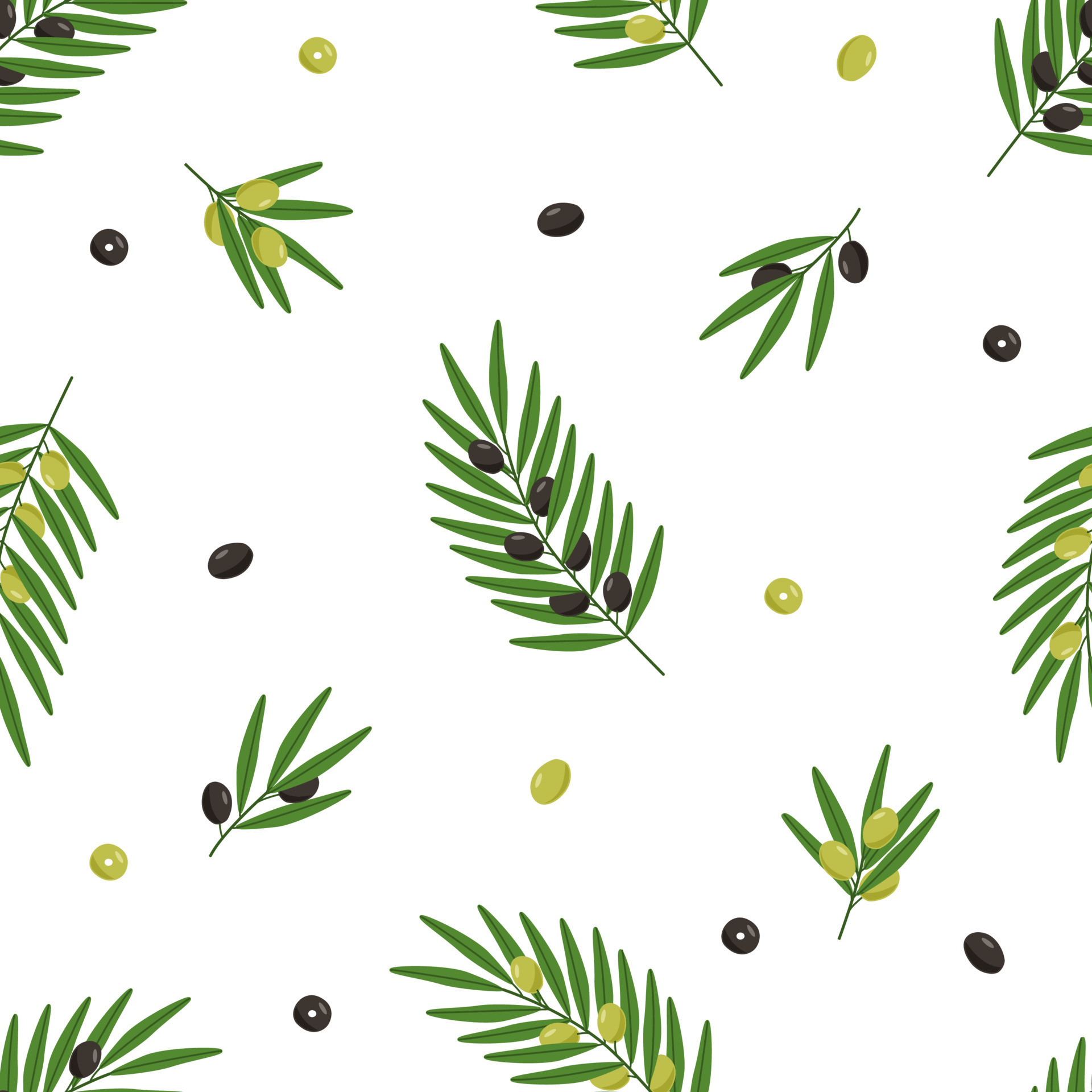 Seamless pattern of olive tree twigs and leaves and olive berries