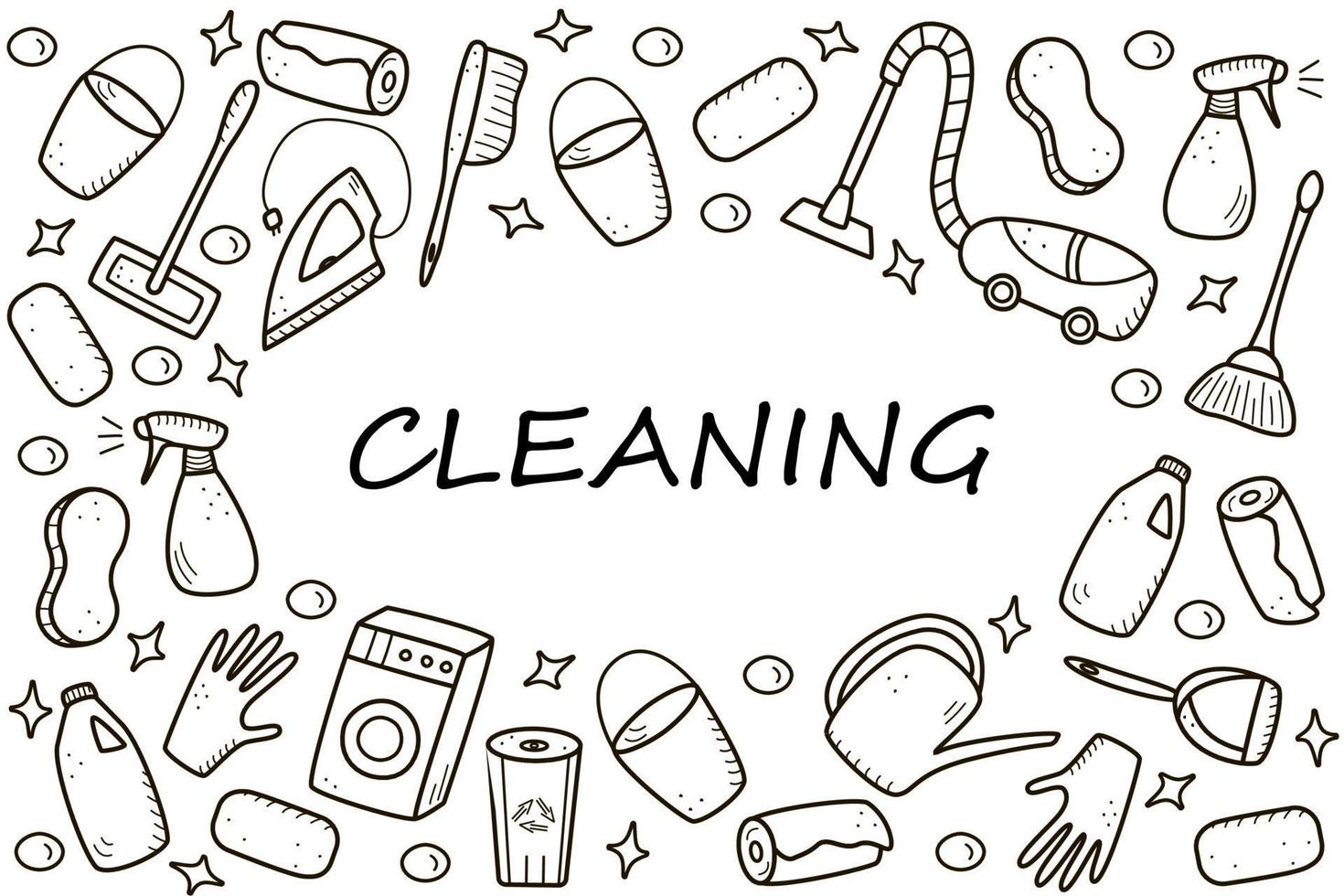 Doodle style vector cleaning elements. A set of drawings of cleaning products and items. Room washing kit