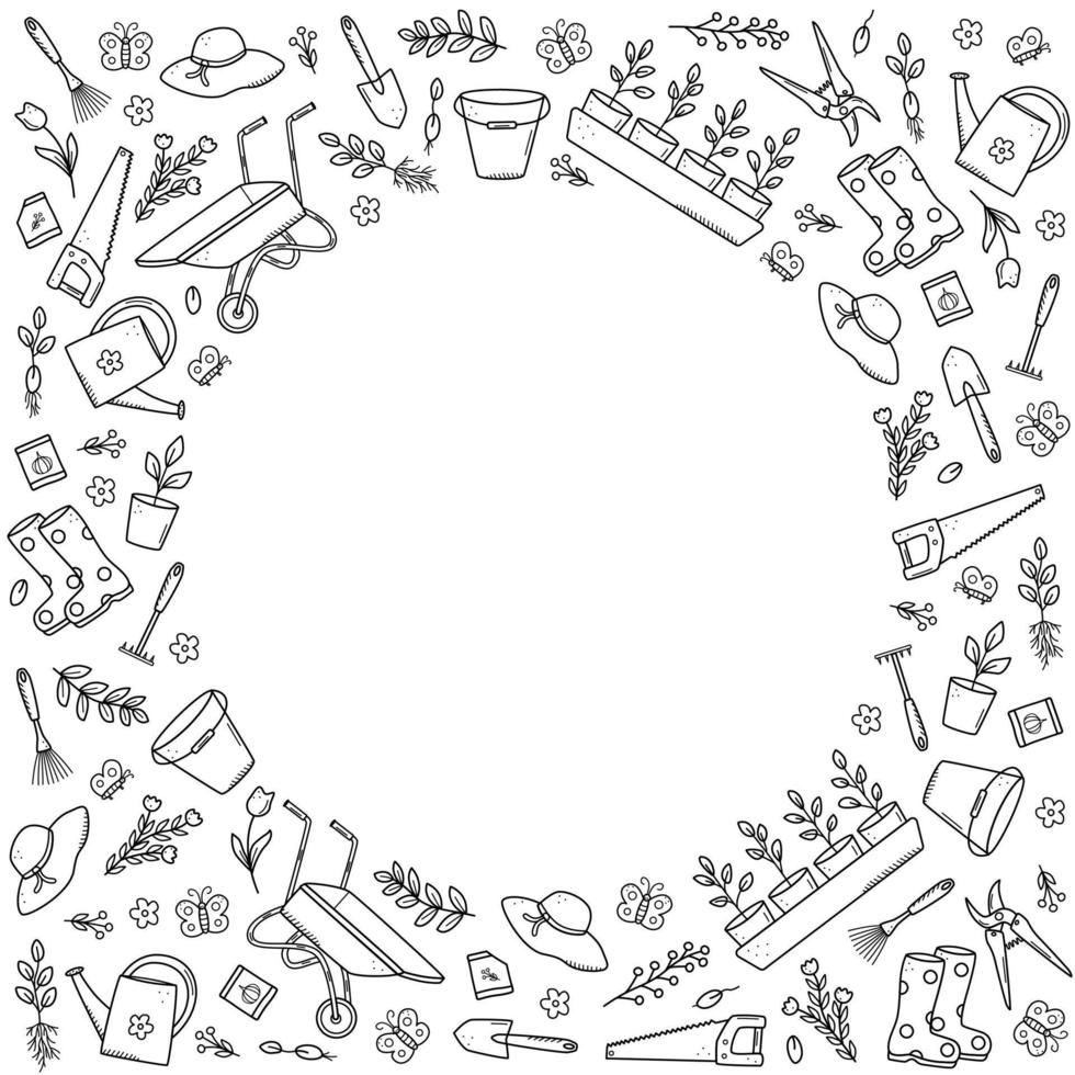 Garden tools and plants, a set of vector doodle illustrations. Concept gardening, a summer hobby.