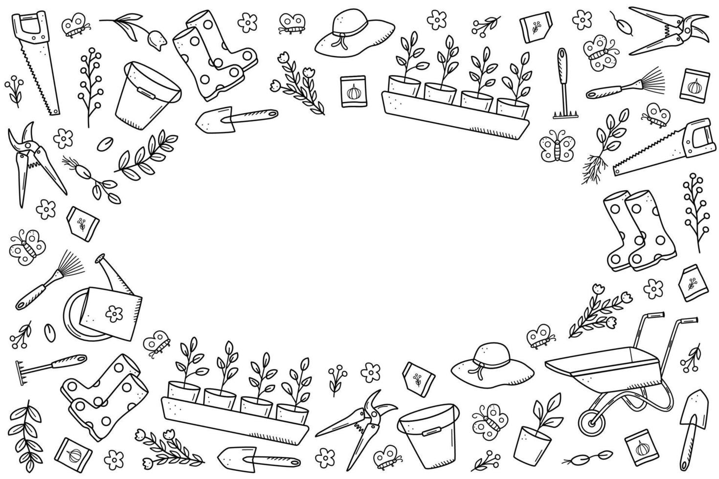 Garden tools and plants, a set of vector doodle illustrations. Concept gardening, a summer hobby