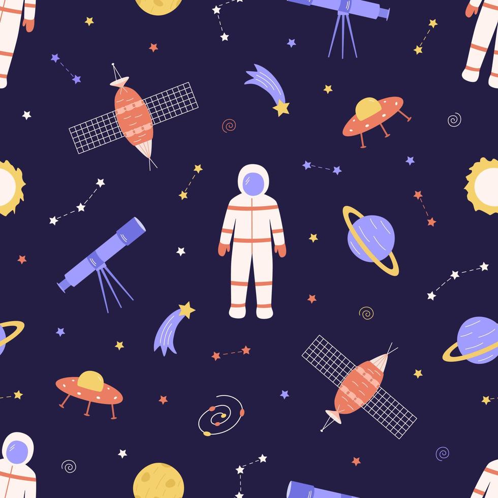 Seamless Pattern Cosmos doodle is a set of vector illustrations. Icons of space elements rocket cosmonaut stars satellite telescope comet
