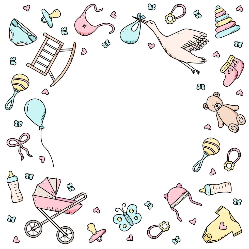 Newborn icons set. Vector illustration of elements for a little baby. baby stroller, baby work, rattles and teddy bear and much more.