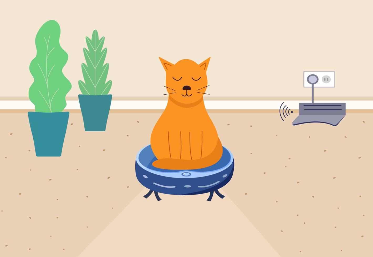 el gato está sentado en una aspiradora robot. el interior de la habitación, el concepto de limpieza del hogar y automatización del hogar. estación de carga remota ilustración vectorial de un estilo de dibujos animados plana. vector