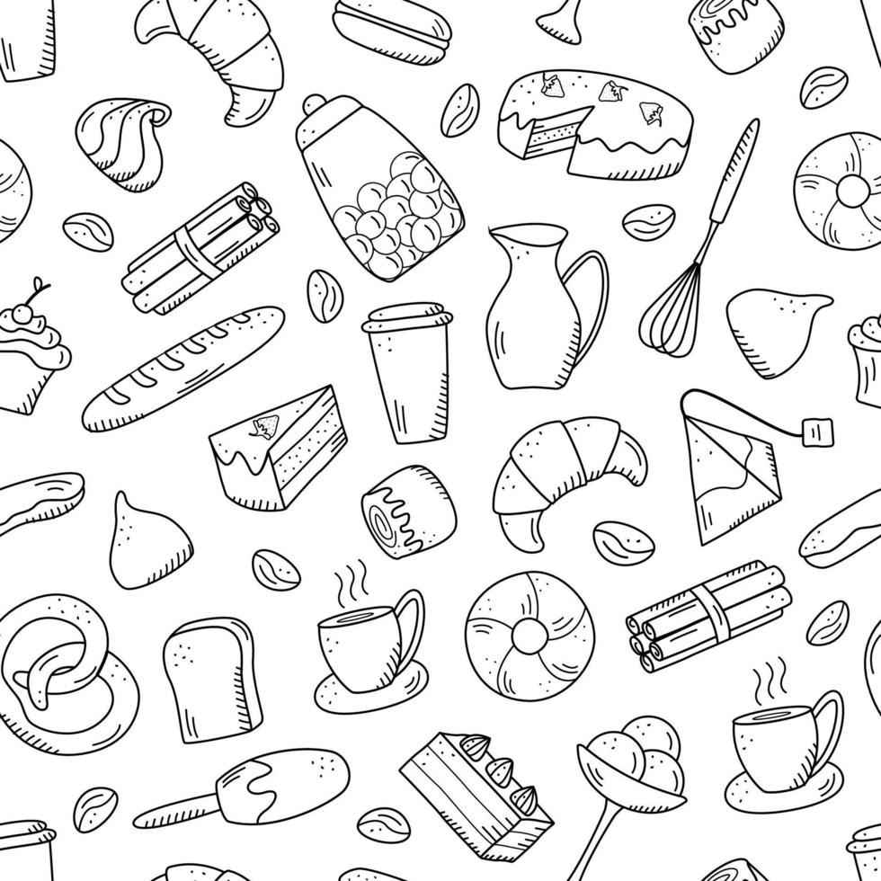 Seamless pattern Vector elements of sweet snacks and pastries, coffee dishes. Excellent for decorating cafes and menus. Doodle icon style