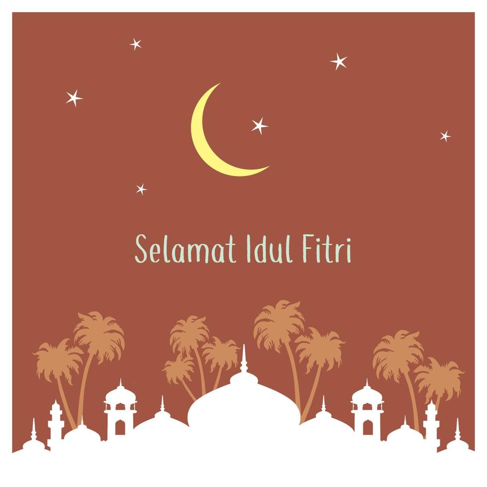 Eid greetings in Indonesian, simple design. the orange silhouette of the mosque as the foreground. palm tree background, plus a purple sky crescent moon and stars. monochromatic vector