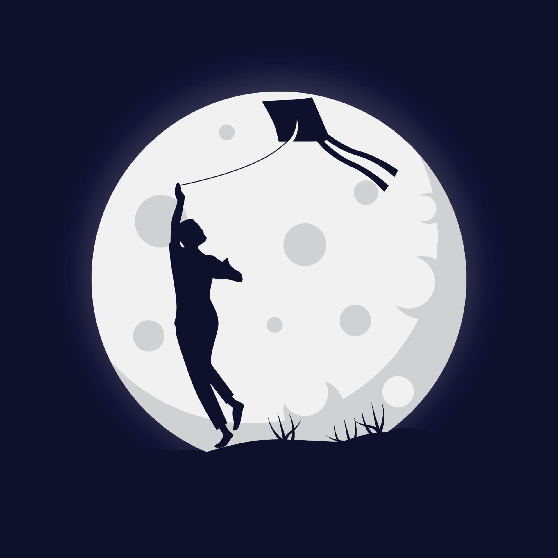 silueta de personas jugando cometas con ilustración de fondo de luna llena vector