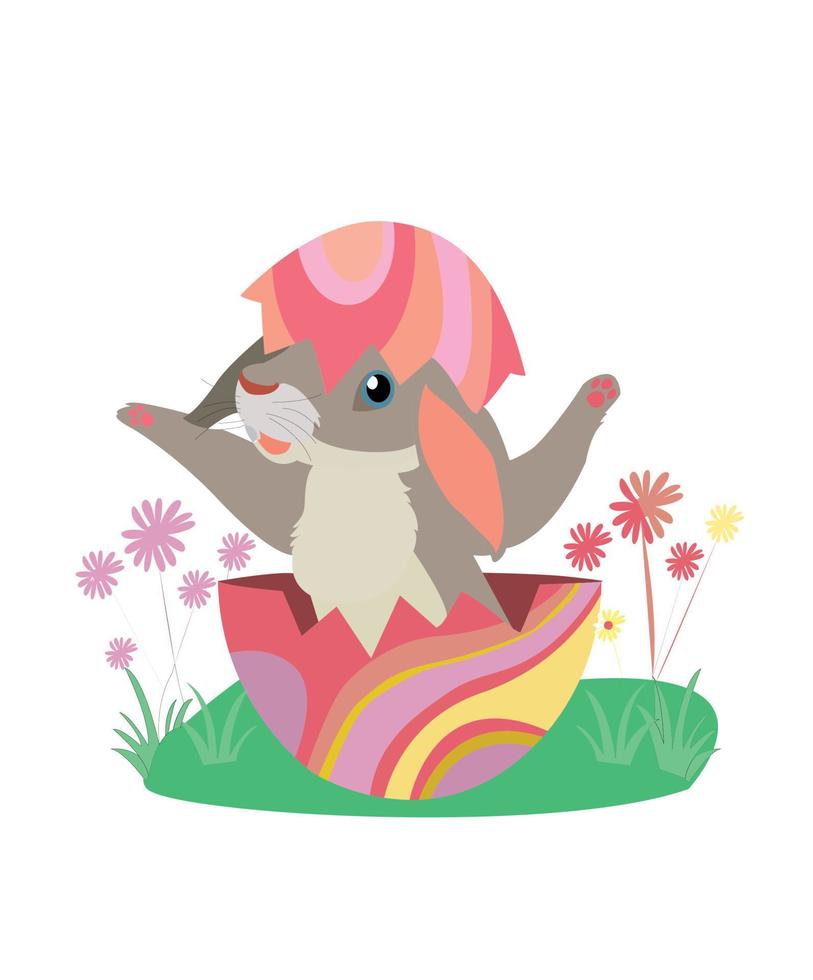 Happy Easter Bunny eggs patterned flat illustration, on a isolated on white background, in cartoon style lot of color.  cute Easter bunnies coloring page for children. Hare with an egg. vector