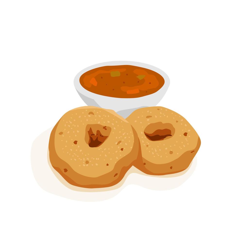 Uzhunnu vada or Medu vada is a South Indian breakfast snack with sambar  vector illustration 7438507 Vector Art at Vecteezy
