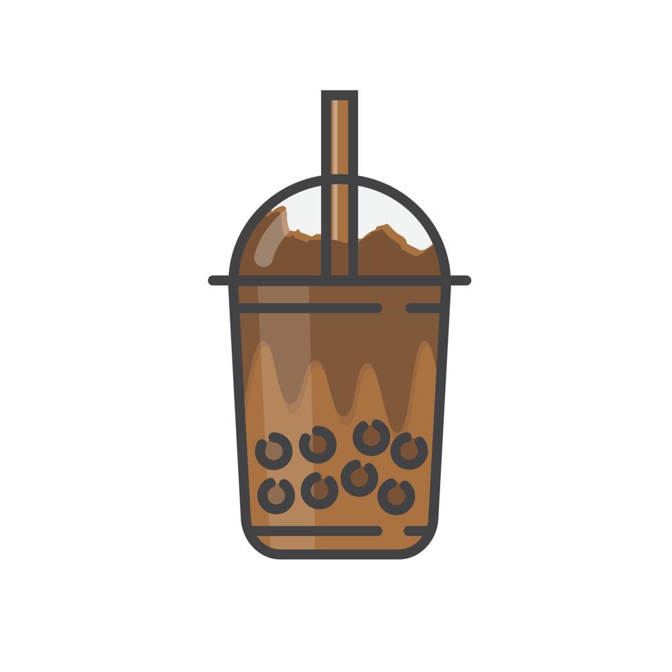 Vector illustration of milk bubble in plastic cup, chocolate milk boba drink.