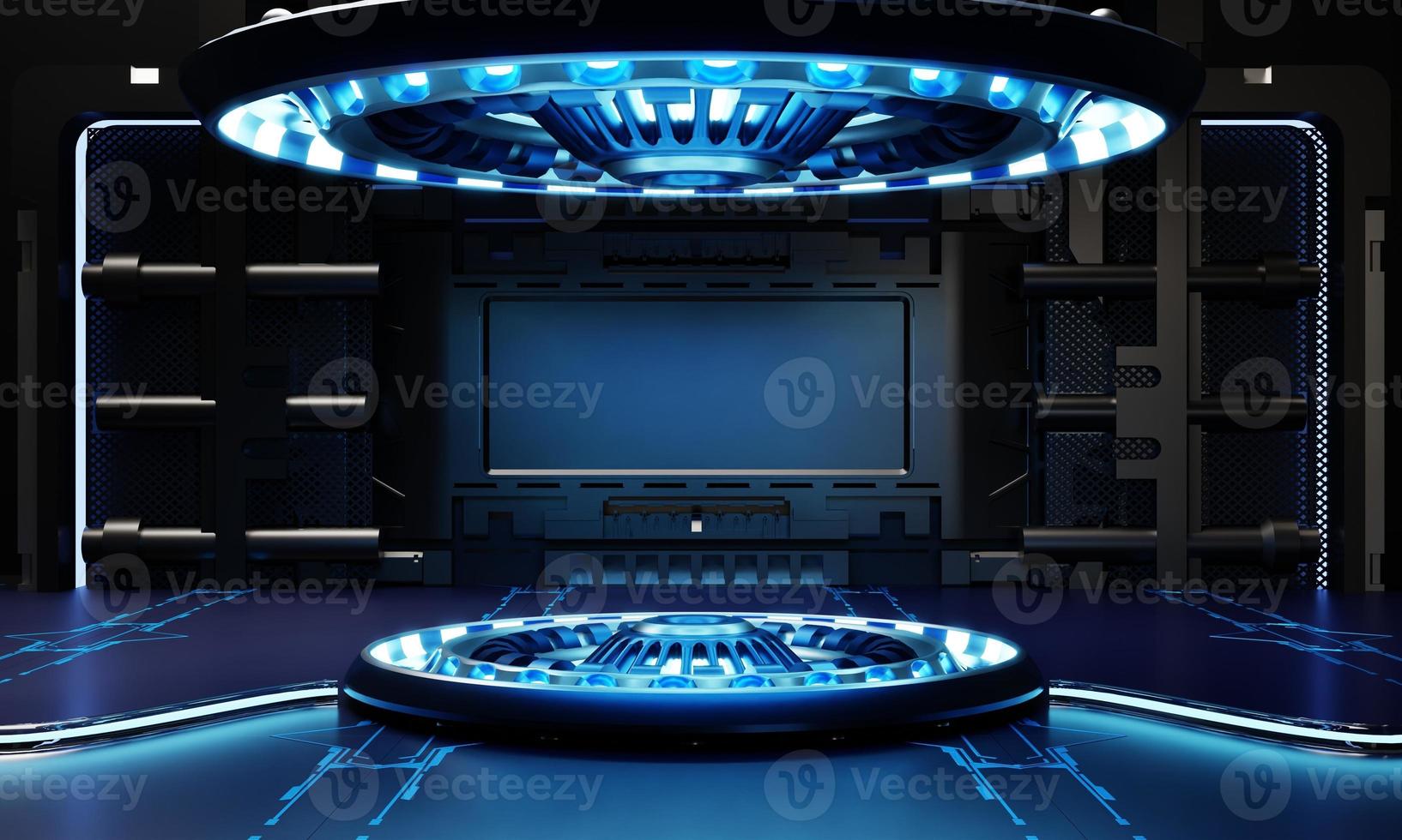 Sci-fi product podium showcase in spaceship with white and blue background. Space technology and object concept. 3D illustration rendering photo