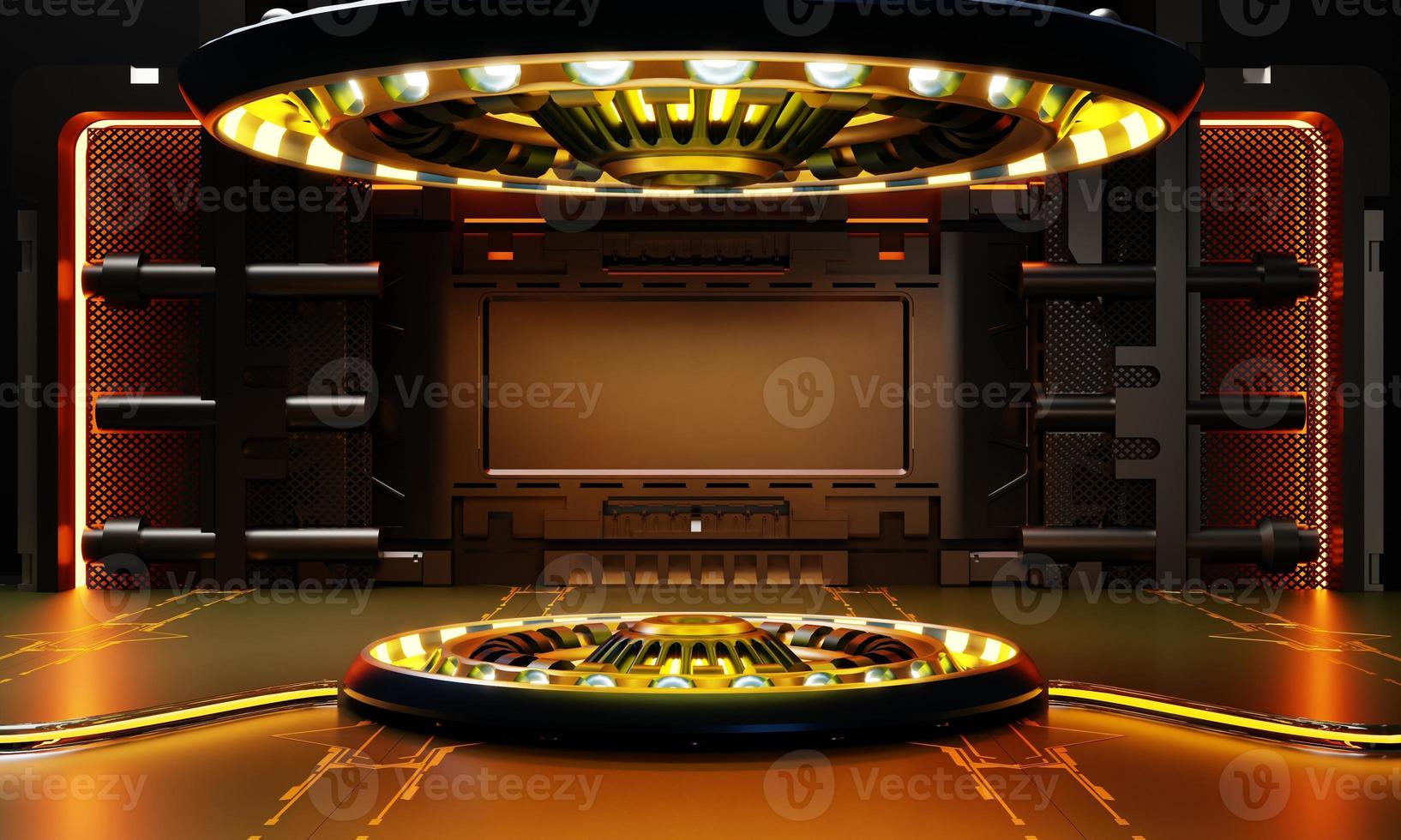 Sci-fi product podium showcase in spaceship with orange light background. Space technology and object concept. 3D illustration rendering photo