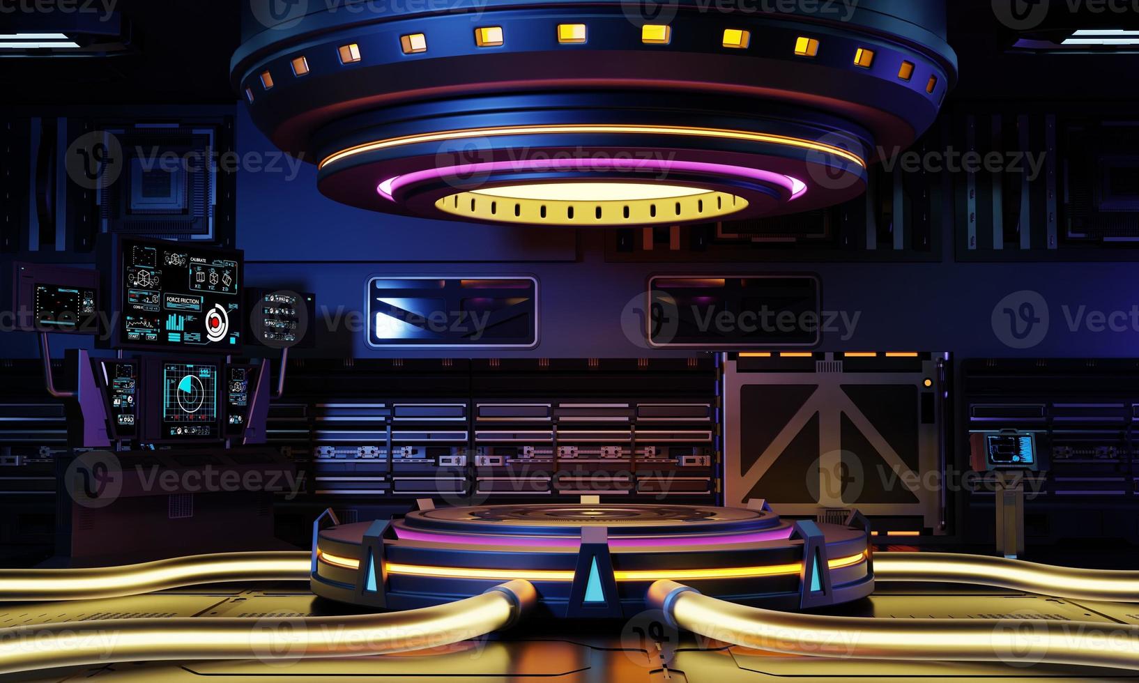 Cyberpunk sci-fi product podium showcase in spaceship with yellow blue purple and pink background. Technology and object concept. 3D illustration rendering photo