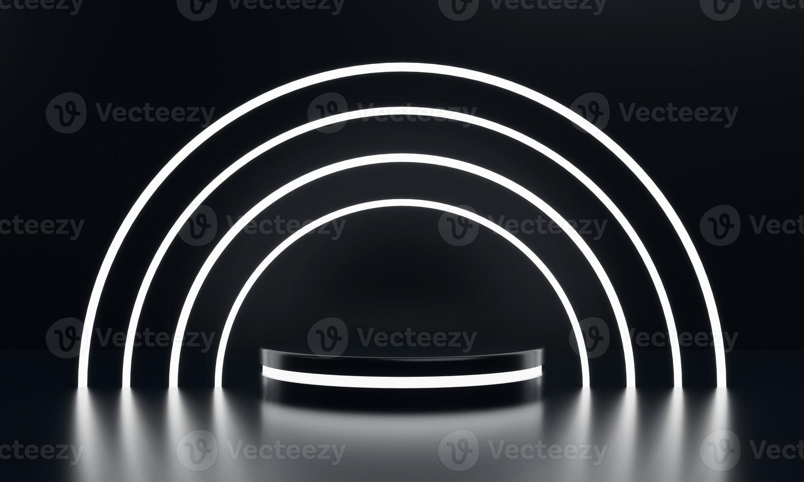 Modern round product showcase sci-fi podium with white glowing light neon ring frame background. Technology and object concept. 3D illustration rendering photo