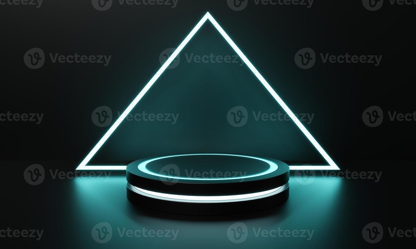 Modern product showcase sci-fi podium with blue green glowing light neon background. Technology and object concept. 3D illustration rendering photo
