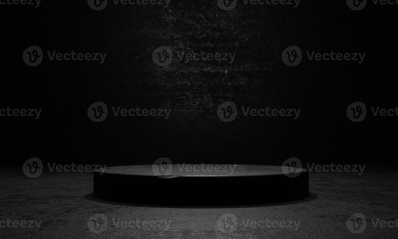 Black cement and concrete stage podium with spotlight and dark grunged wall background. Abstract and object for advertising concept. 3D illustration rendering photo