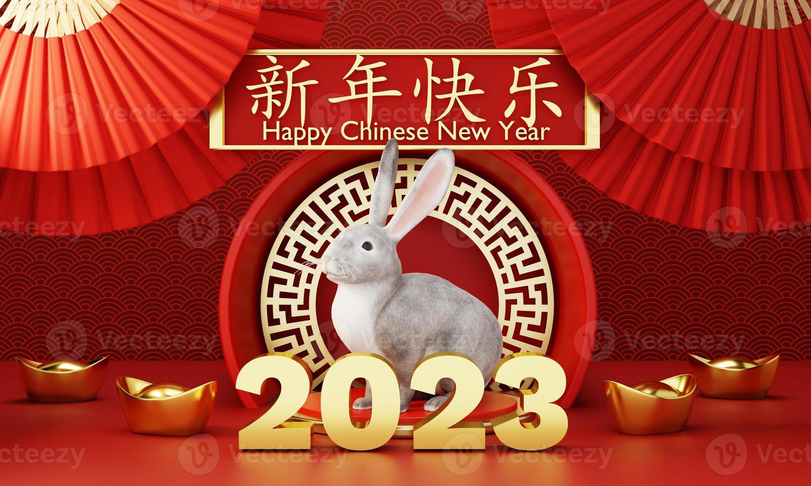 Chinese new year 2023 year of rabbit or bunny on red Chinese pattern with hand fan background. Holiday of Asian and traditional culture concept. 3D illustration rendering photo