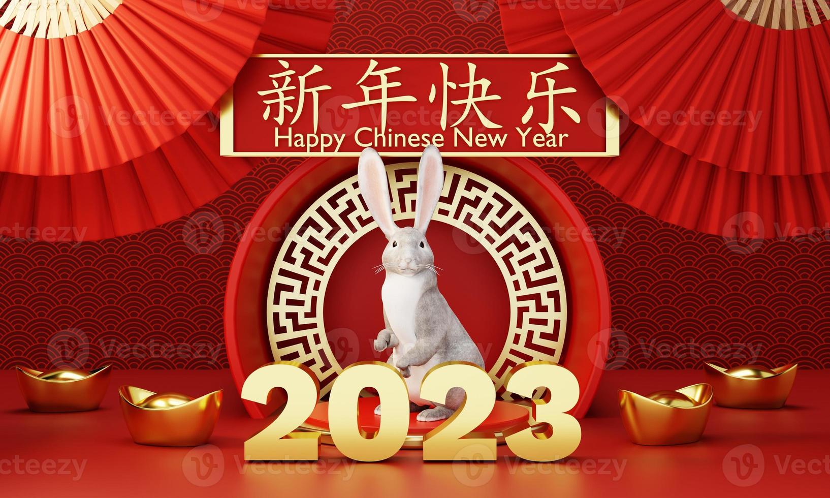 Chinese new year 2023 year of rabbit or bunny on red Chinese pattern with hand fan background. Holiday of Asian and traditional culture concept. 3D illustration rendering photo