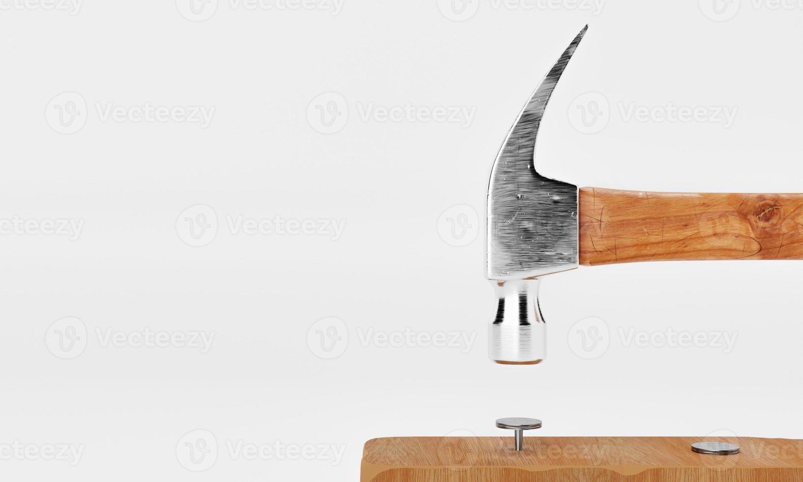 Hammer and nail head at wooden plank on isolated white background with copy space. Woodcraft and carpenter industrial concept. 3D illustration rendering photo