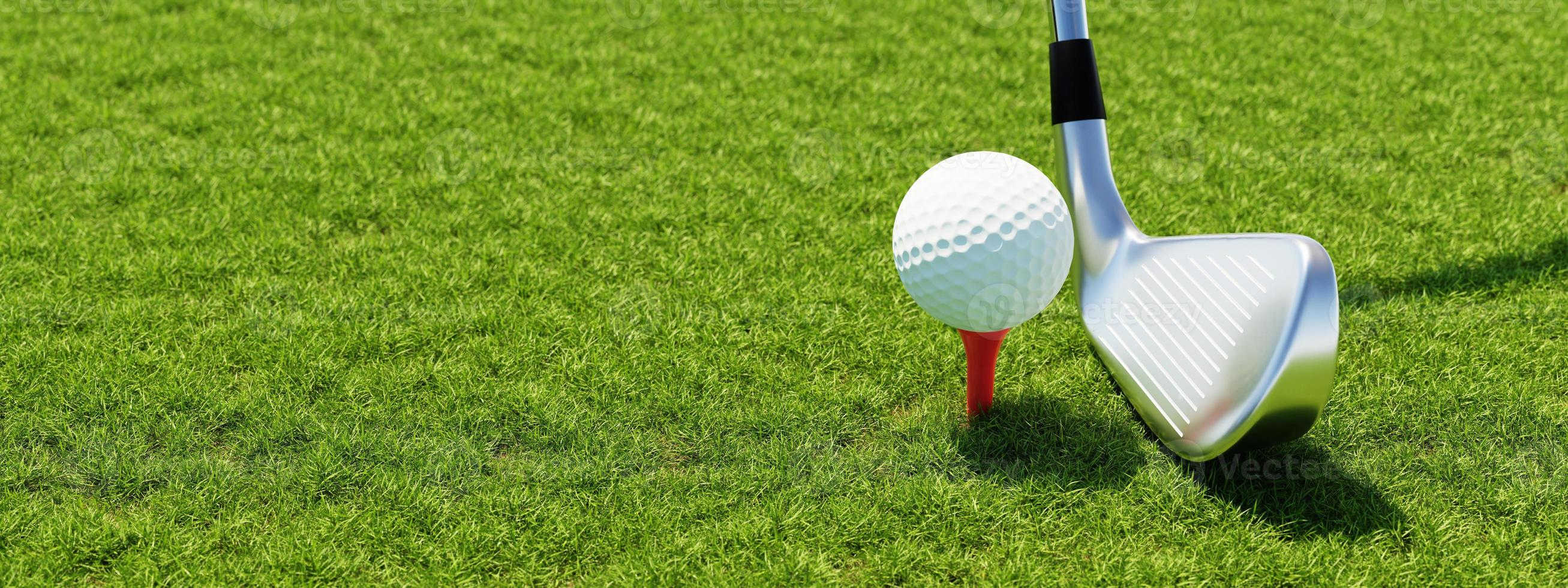 Golf ball on tee and golf club with fairway green background. Sport and athletic concept. 3D illustration rendering photo
