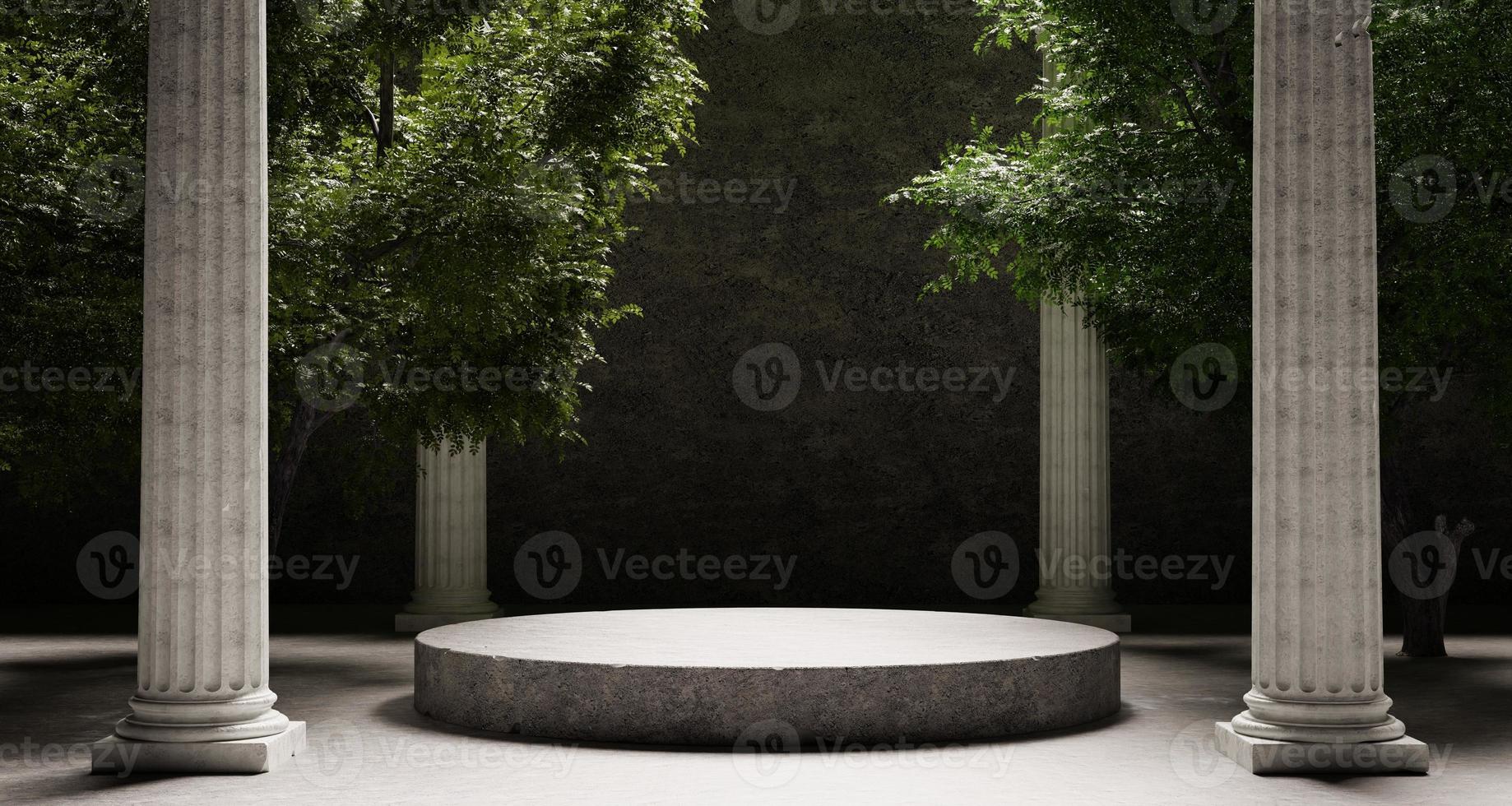 plataforma de piedra con pilares corintios y árboles naturales con fondo de sombra. objeto histórico y emblemático para el concepto publicitario. representación de ilustración 3d foto
