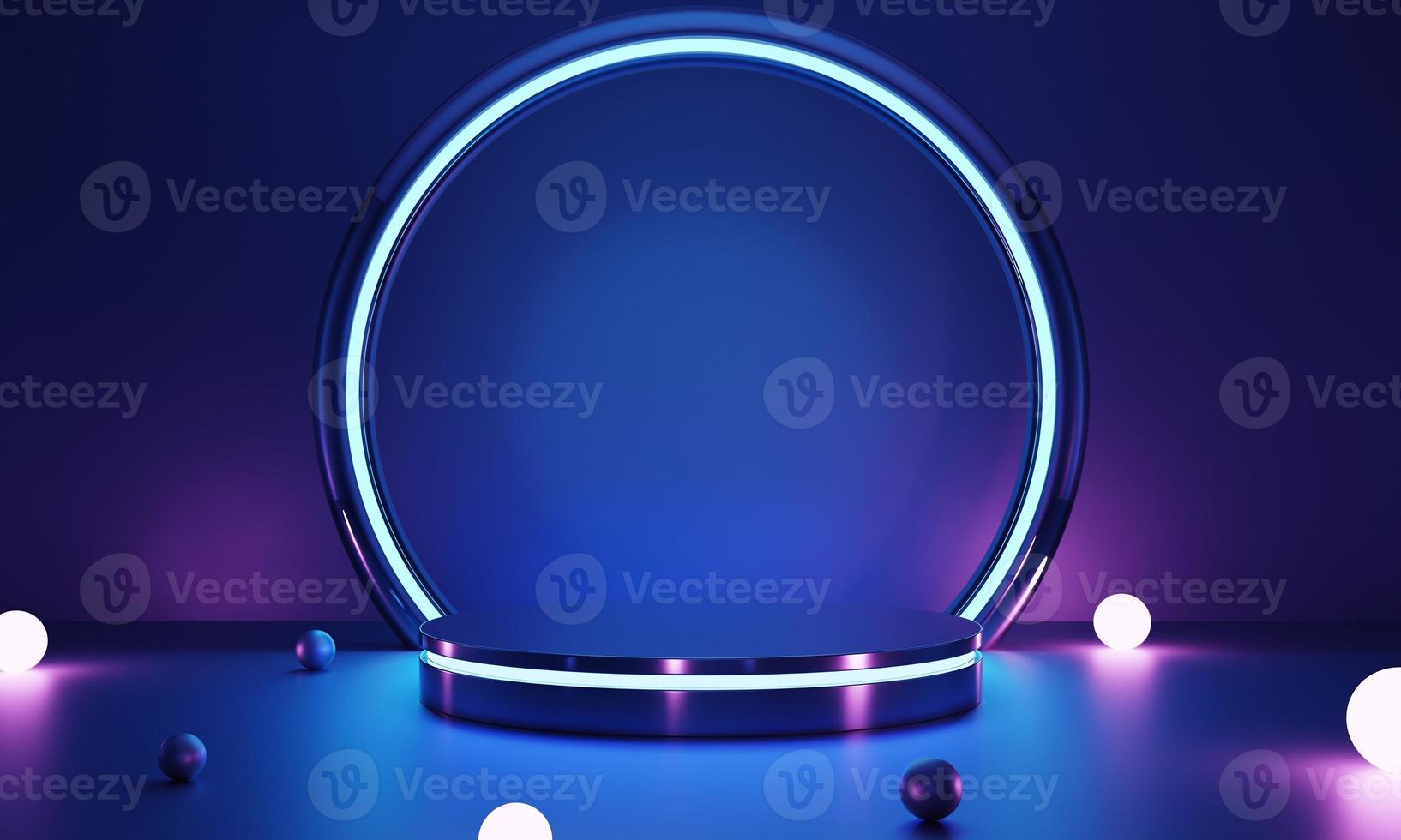 Cyberpunktwo tone color pink glowing lamp and blue empty podium for product presentation. Technology and Sci-fi concept. 3D illustration rendering photo