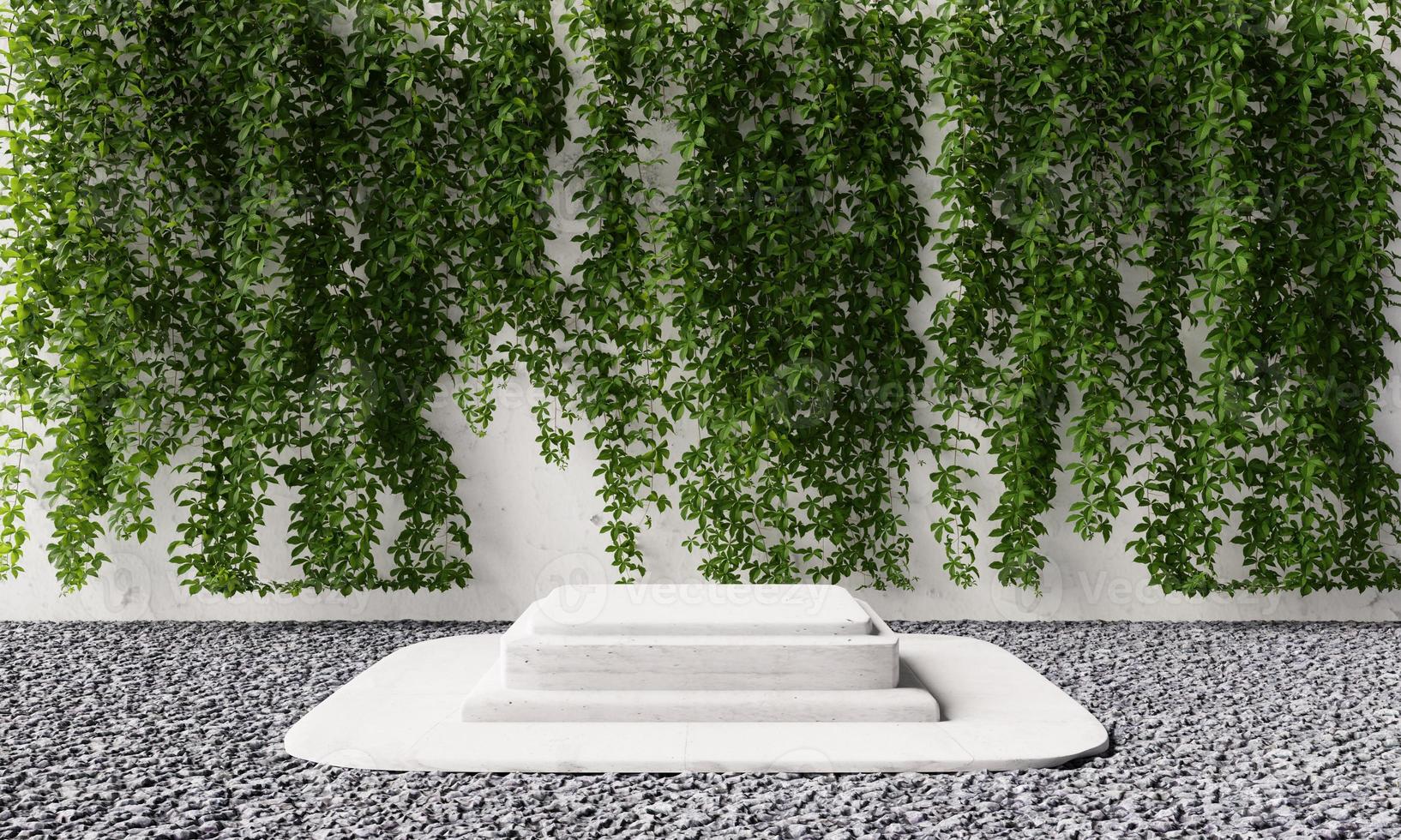 Rectangle stone podium platform with natural green vine creeper in backyard garden with shadow background. Nature and object for advertising concept. 3D illustration rendering photo