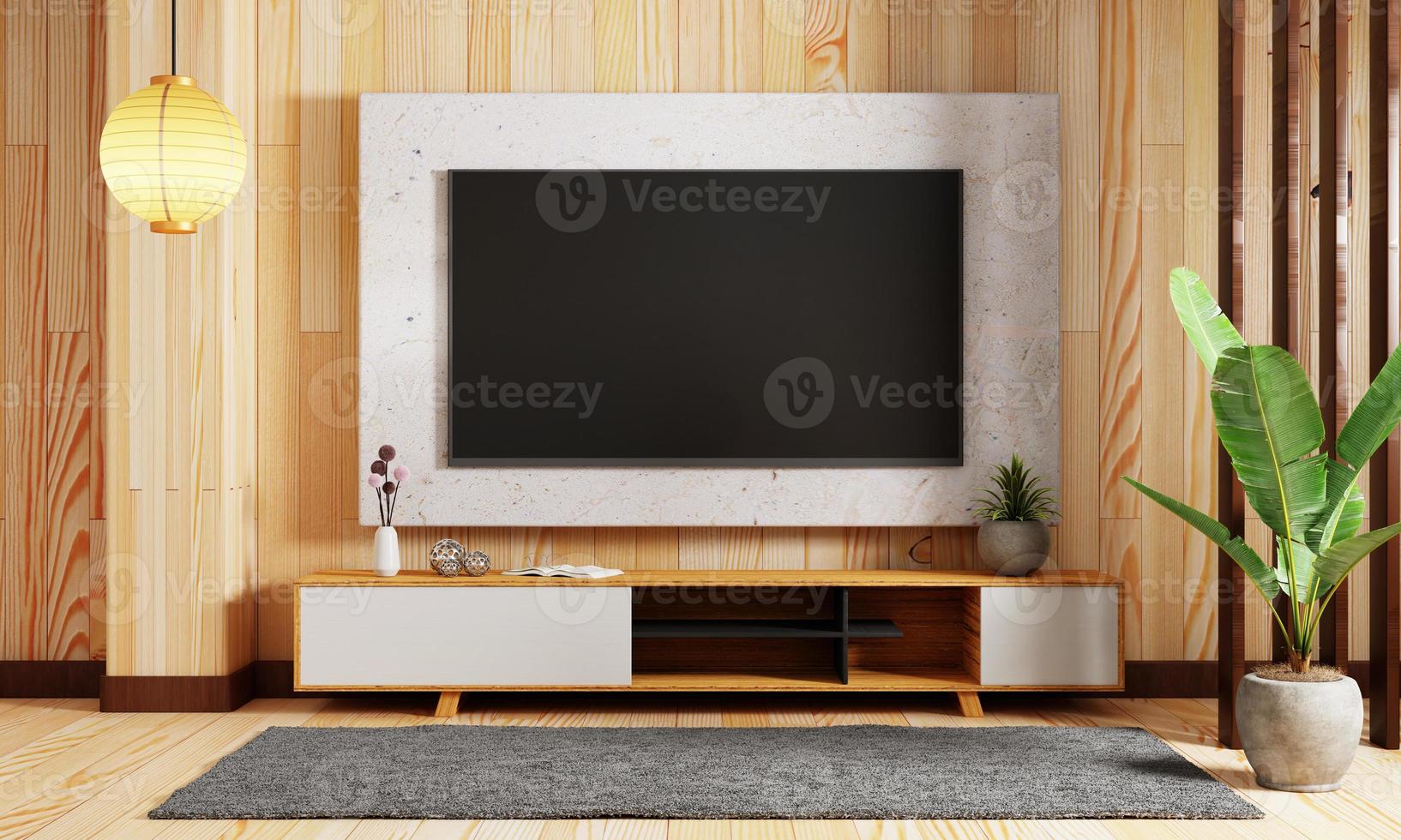 Japanese style modern living room with hanging mockup television tv on wall background. Interior and architecture concept. 3D illustration rendering photo