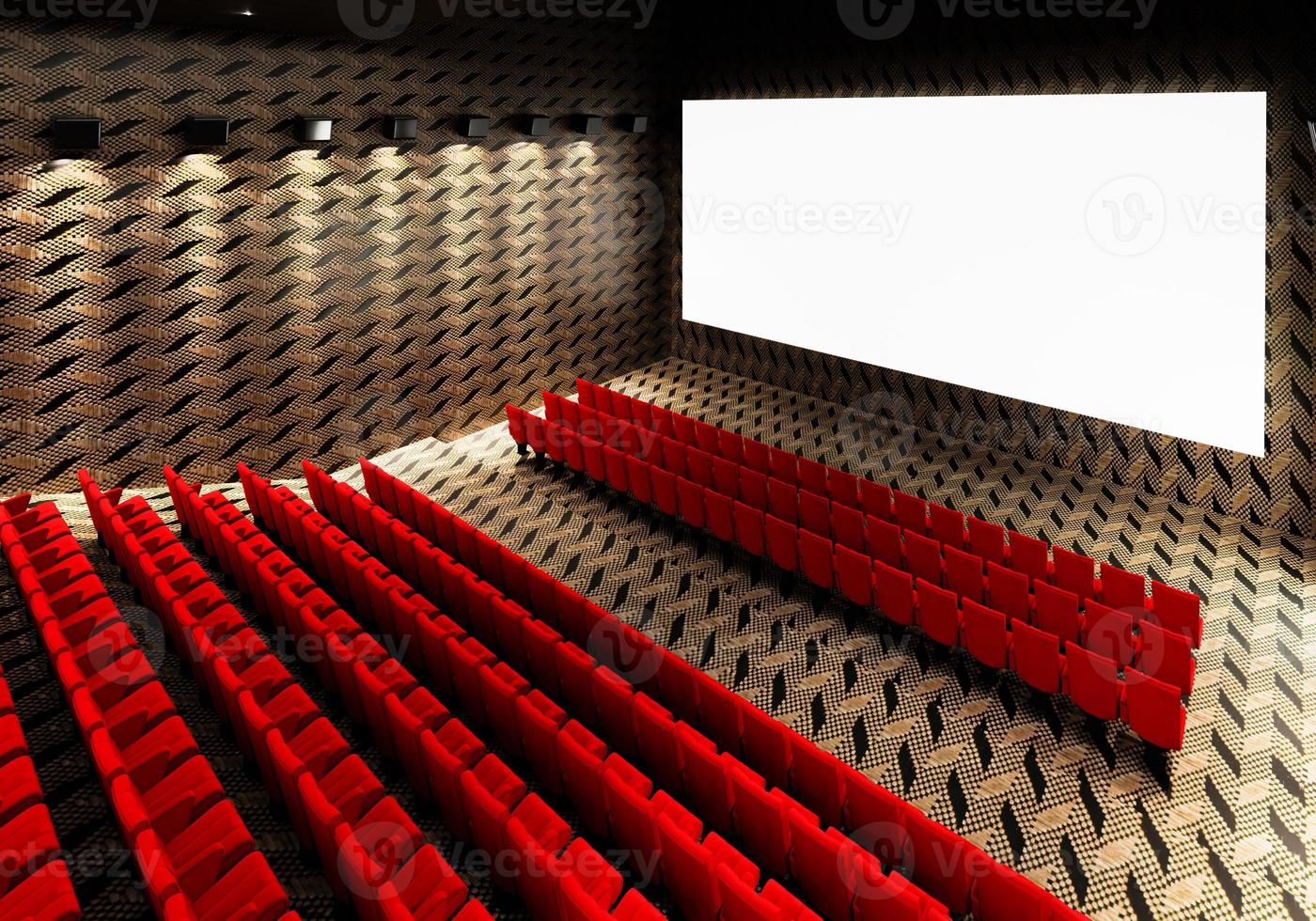 Blank white luminous cinema movie theatre screen with realistic red rows of seats and chairs with empty copy space background. Movie premiere and Entertainment concept. 3D illustration rendering photo