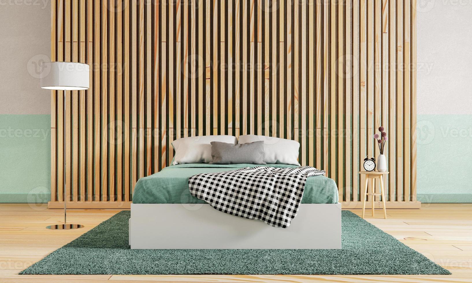 dormitorio verde con suelo de madera y tabique y fondo de hormigón en bruto de color verde blanco. concepto de interiorismo y arquitectura. representación de ilustración 3d foto