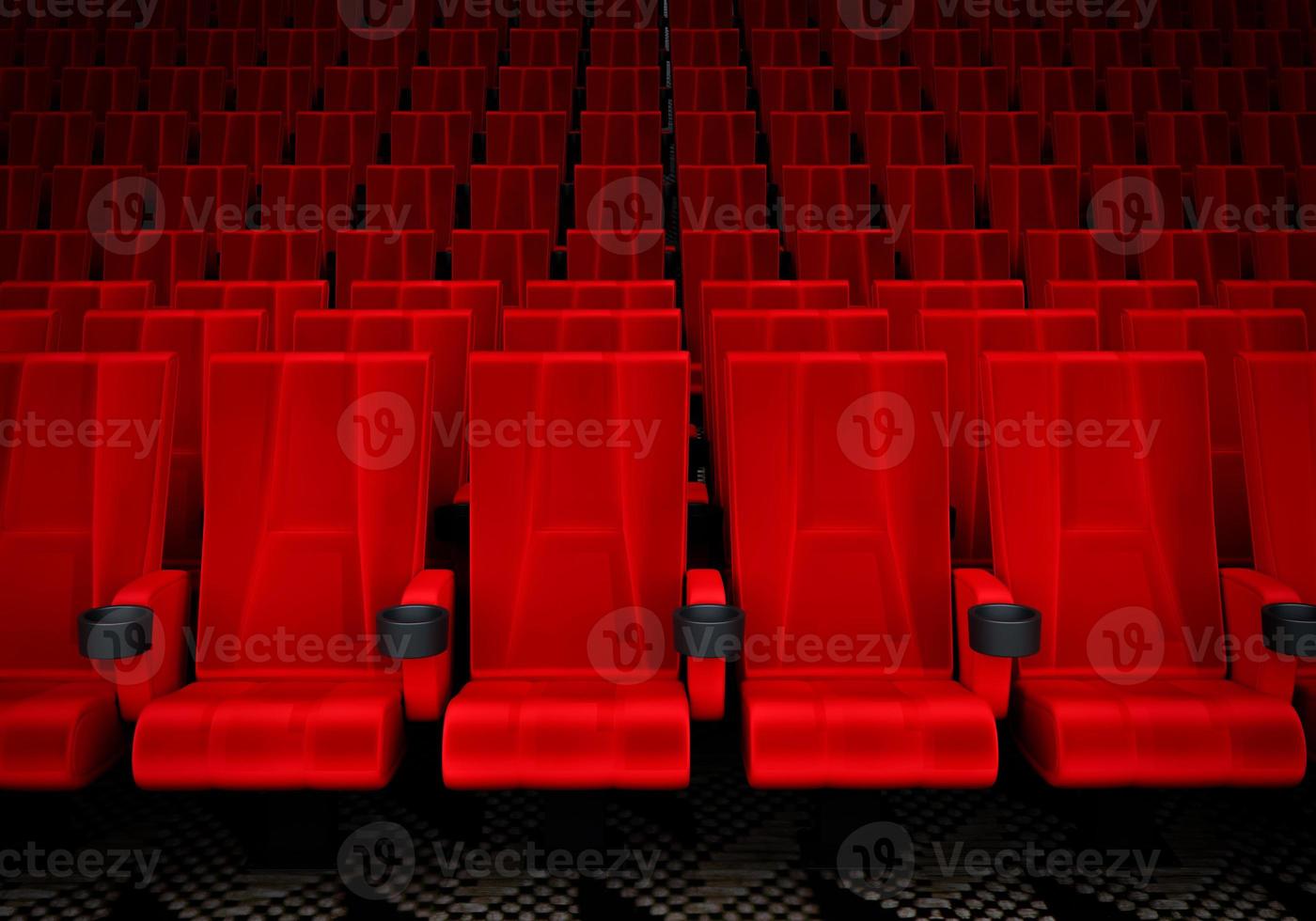 Rows of red velvet seats watching movies in the cinema with copy space banner background. Entertainment and Theater concept. 3D illustration rendering photo