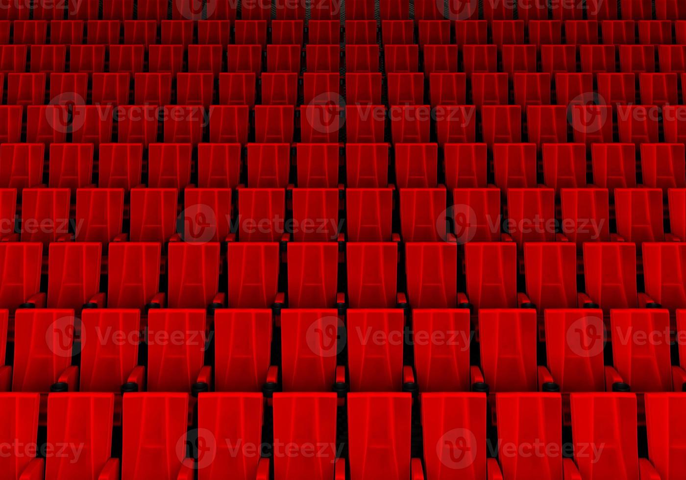 Rows of red velvet seats watching movies in the cinema with copy space banner background. Entertainment and Theater concept. 3D illustration rendering photo