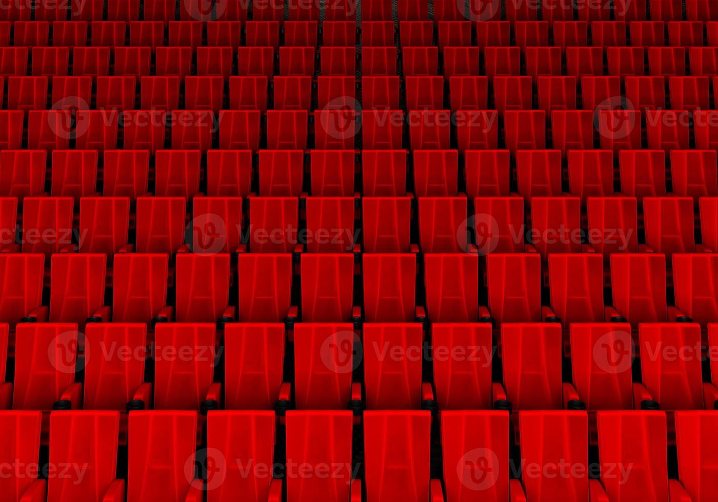 Rows of red velvet seats watching movies in the cinema with copy space banner background. Entertainment and Theater concept. 3D illustration rendering photo