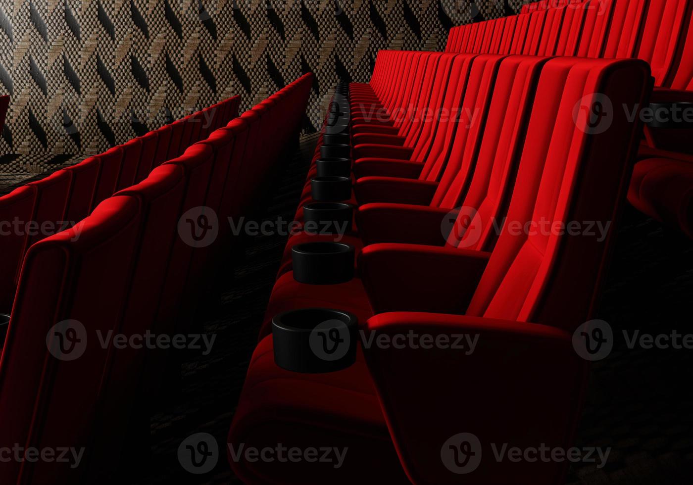 filas de asientos de terciopelo rojo viendo películas en el cine con fondo de banner de espacio de copia. concepto de entretenimiento y teatro. representación de ilustración 3d foto