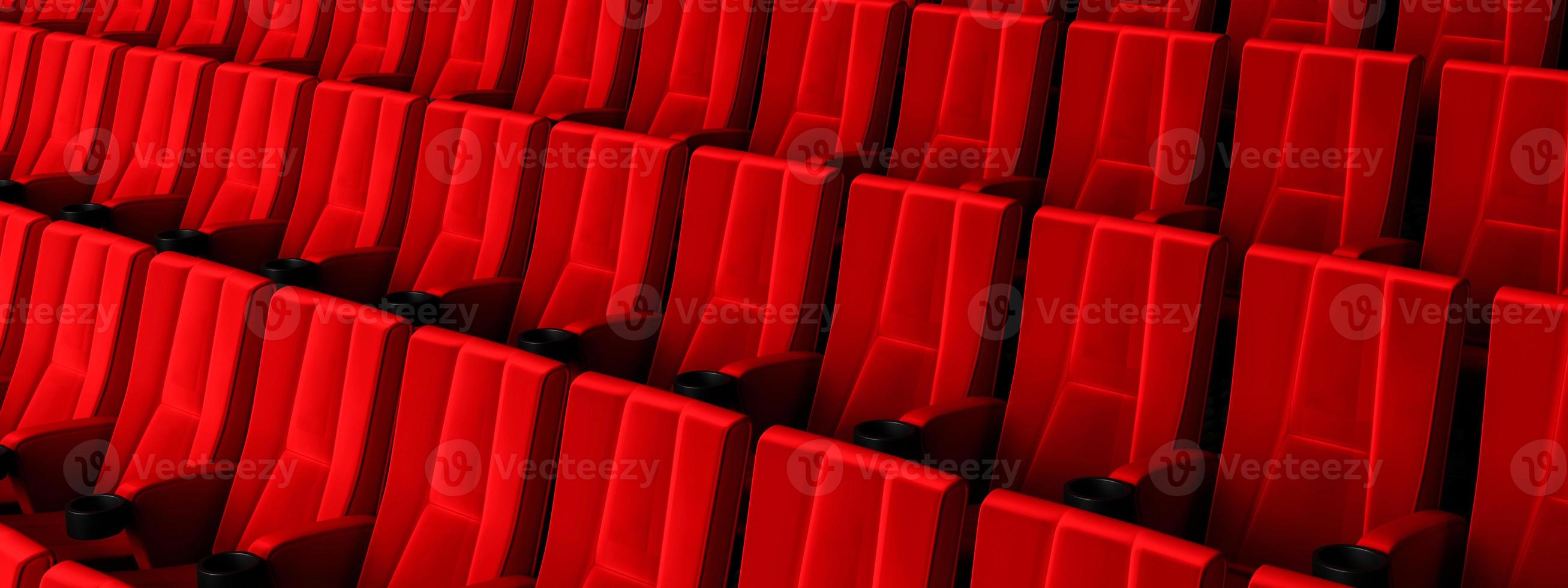 Rows of red velvet seats watching movies in the cinema with copy space banner background. Entertainment and Theater concept. 3D illustration rendering photo