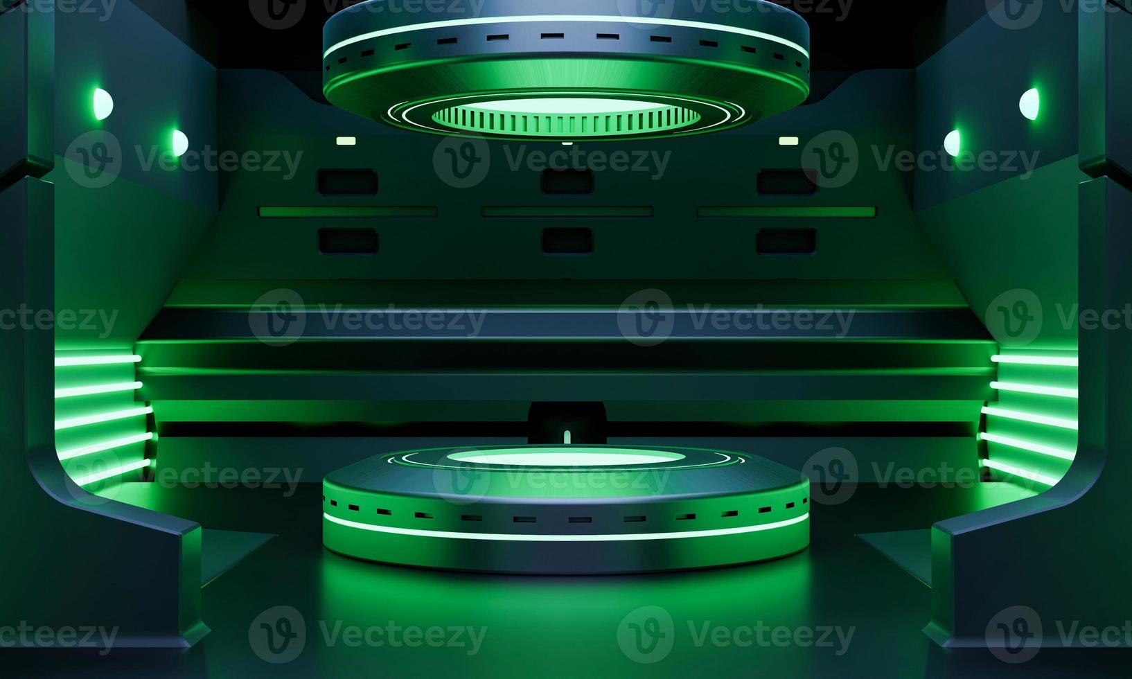 Cyberpunk sci-fi product podium showcase in spaceship with green neon lighting background. Technology and object concept. 3D illustration rendering photo